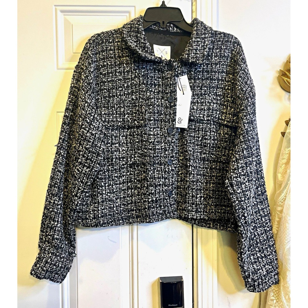 NWT Thread & Supply Dark Academia Tweed Shacket Jacket Large Black White Cropped